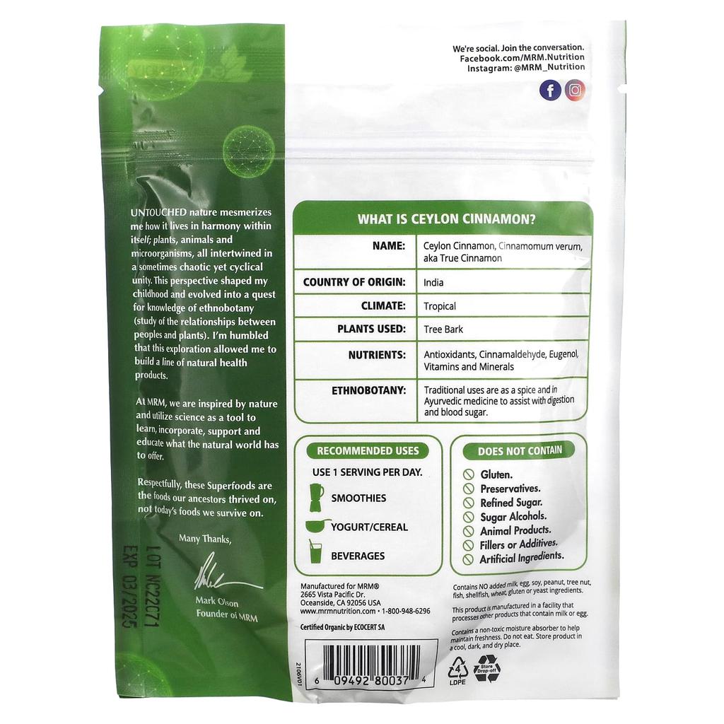 MRM Nutrition, Органический порошок цейлонской корицы, 4 унции (113 г)