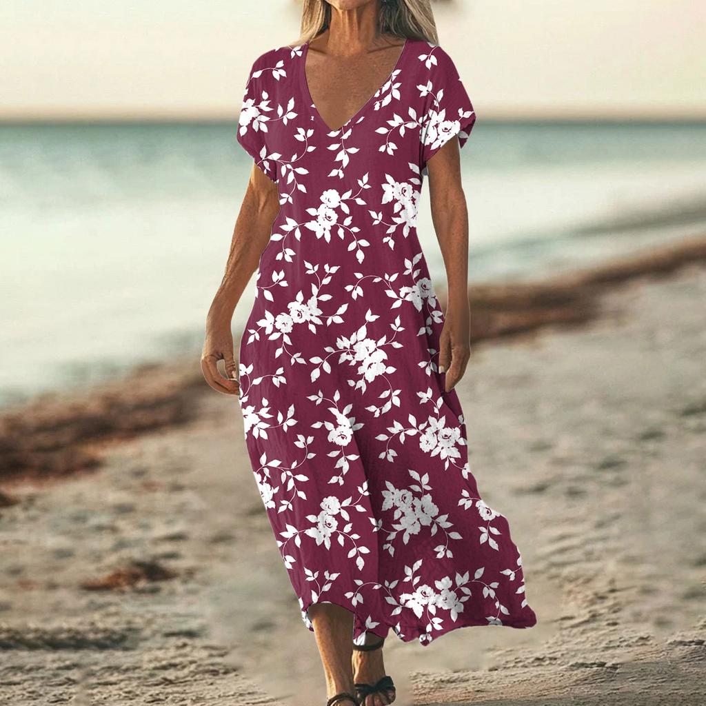 Fashion Women's Summer V-Neck Short Sleeve Floral Print Beach Dress