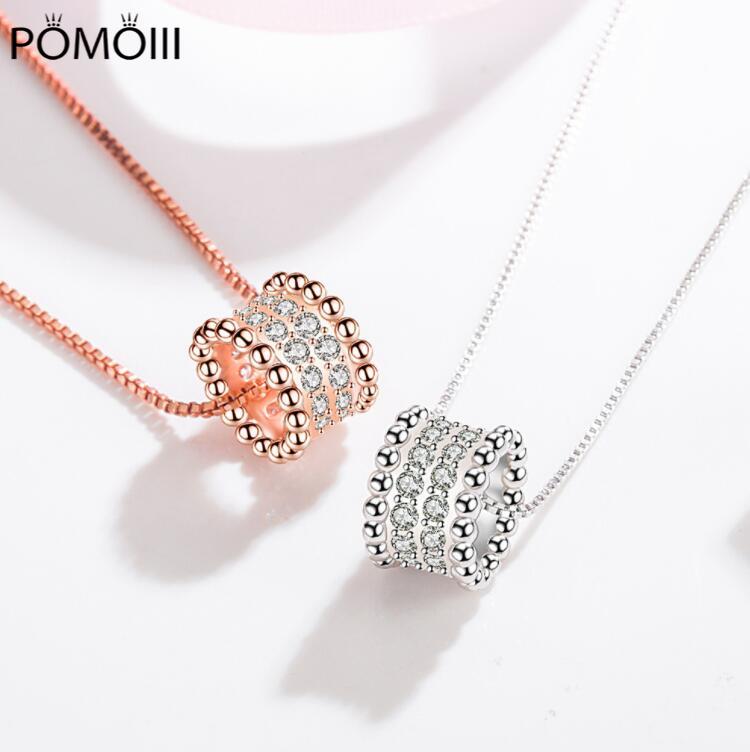 925 Sterling Silver New Woman Fine Jewelry High Quality Crystal Zircon Round Rose Gold Pendant Necklace Length 45CM