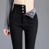 Women's High-Waist Black Jeans with Velvet Lining for Autumn/Winter 2024 - Slim Fit Pencil Pants