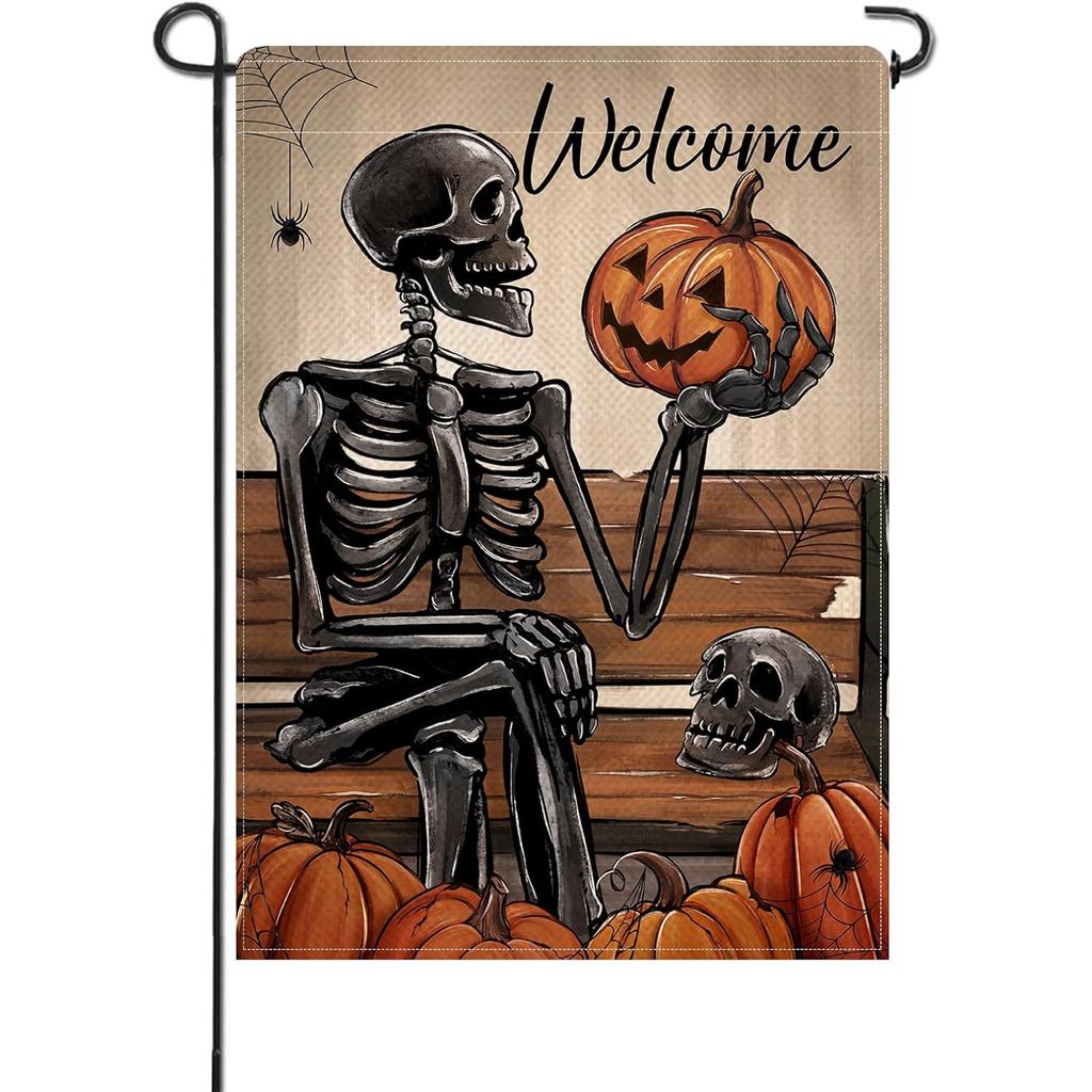 Welcome Halloween Gothic Skeleton Small Decorative Garden Flag, Spooky Skull Jack O Lantern Pumpkin Chair Yard Lawn Outside Decor, Holiday Outdoor Hom