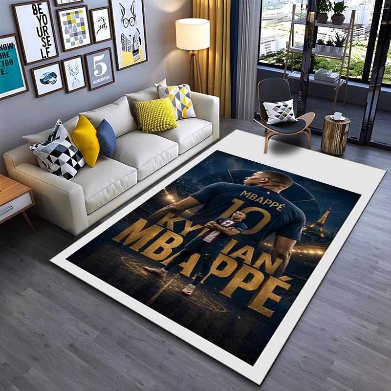 Sports Area Rug, Kylian Mbappe PSG Navy Number 10 Back View Gold Eiffel Tower Paris Night Print, Fan Decor, Non-Slip Mat