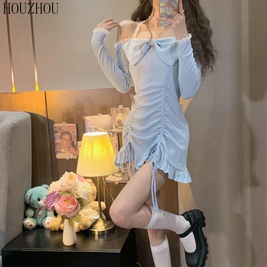 Платье без бретелек с бантом. Весеннее французское милое платье с висячим воротником и длинными рукавами на шнуровке «рыбий хвост».