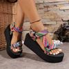 Summer 2024 Women's Ethnic Style Color Block Fabric Sandals with Thick Soles and Magic Tape - Plus Size Available