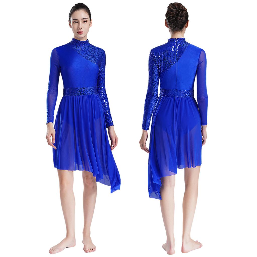 Women Sparkly Sequins Modern Lyrical Dance Dress Long Sleeve Irregular Hem Dresses Performance Costume
