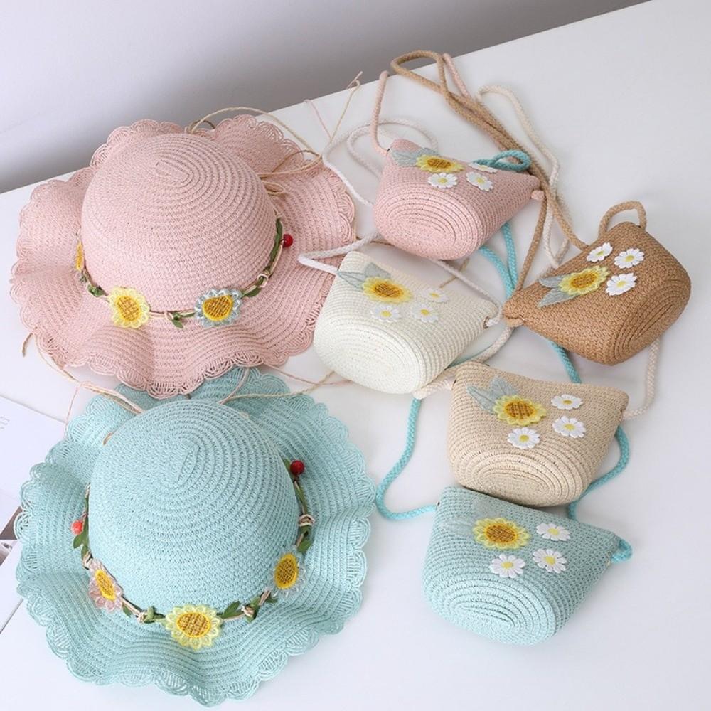 Small Daisy Straw Bag Cap Set Sun Protection Sun Hat Outdoor Fisherman Hat for 2-10 Years Girls