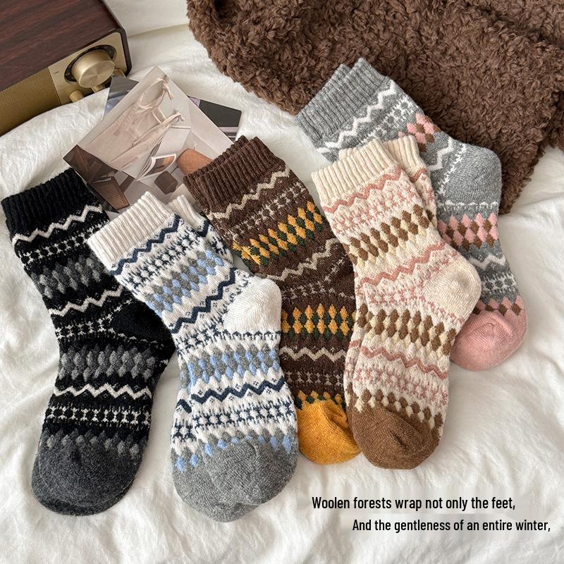Женские винтажные шерстяные носки в стиле Fair Isle, утолщенные теплые до середины икры, осенне-зимние, кофейного цвета, до колена.