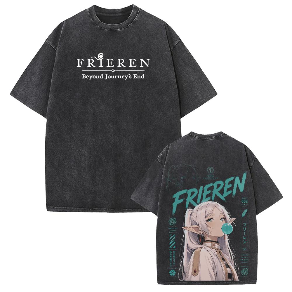 Harajuku Anime Frieren T-shirt Fashion Vintage Washed Tees Streetwear Men Women Clothing Short Sleeve Oversized Cotton T Shirt