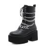 2024 Winter 8cm Heels Lace Up Metal Element High Heel Thick Bottom Side Zipper Nightclub Round Head Chain Boots Lhx