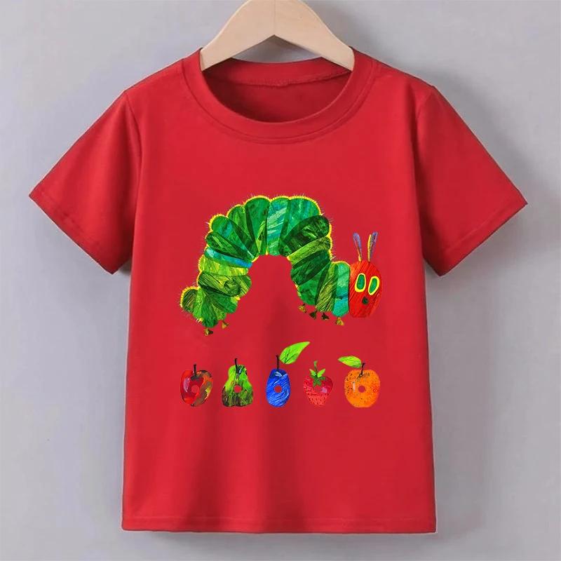 Green Cute Funny Caterpillar Print Tshirts Summer Girls Boys Casual Fashion Tops Kids Crew Neck Short Sleeve Tees