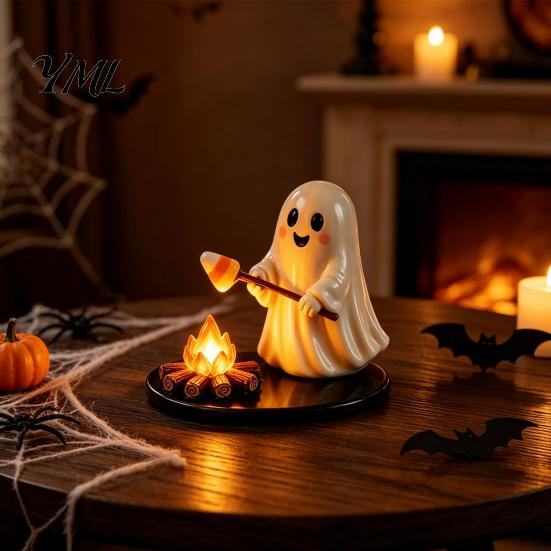 Small Decorative Lamp for Office Halloween Campfire Tealight Holder, Matte Resin Ghost Mummy Scarecrow Figurine, Stable Niche Handmade Art Round Base