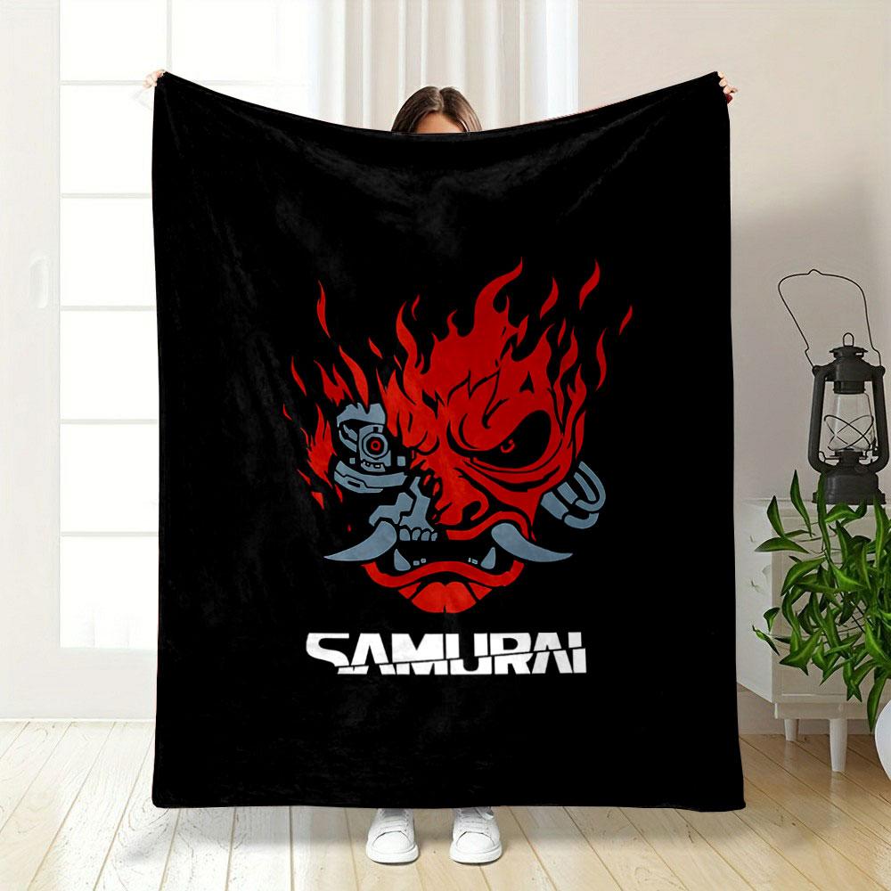 Timeless Samurai Oni Mask Logo Dark Plush Blanket, Durable Warm Throw for Outdoor Fun, Comfortable Throw for Daybed and Armchair
