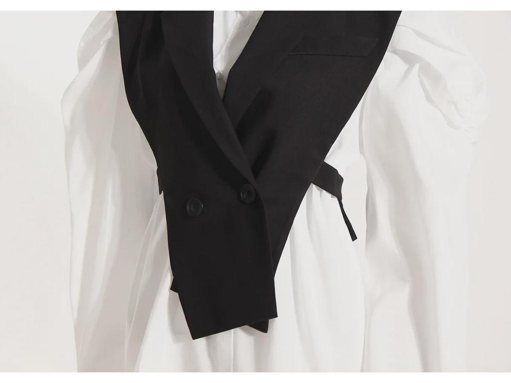 Весенний комплект из корейской тонкой белой рубашки с рукавами-фонариками и жилета на талии 2025 года