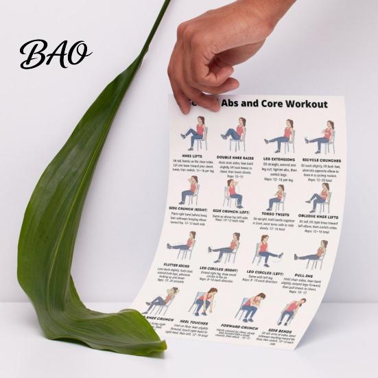 Abdominal Exercises Sitting 2 Sheets Seated Core Exercise Poster, Chair Workout Chart for Portable Reference Abs, Home Gym Wall Art, Strength Training