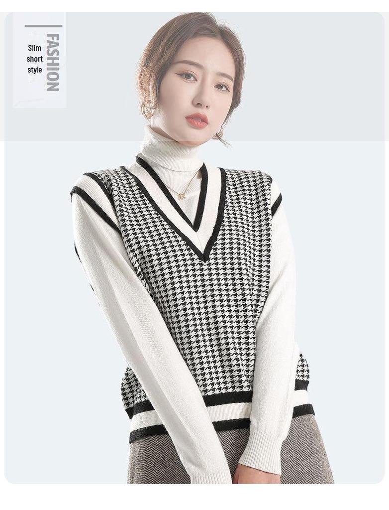 Women's Houndstooth V-Neck Plaid Sweater Vest - Layered, Sleeveless, Loose Fit for 2025