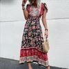 Женские винтажные богемные модные летние повседневные платья с коротким рукавом и v-образным вырезом с цветочным принтом