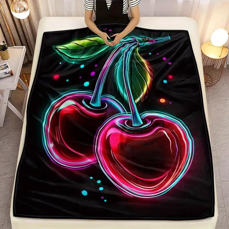 Flannel blanket with vivid neon cherry blossom design is suitable for bed, office, home, camping, cozy warmth, sofa, Christmas