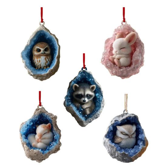 Geode Animal Christmas Ornament 2D Acrylic Crystal Cave Little Forest Animals Hanging Ornament for Xmas Tree Holiday Home Party Decor