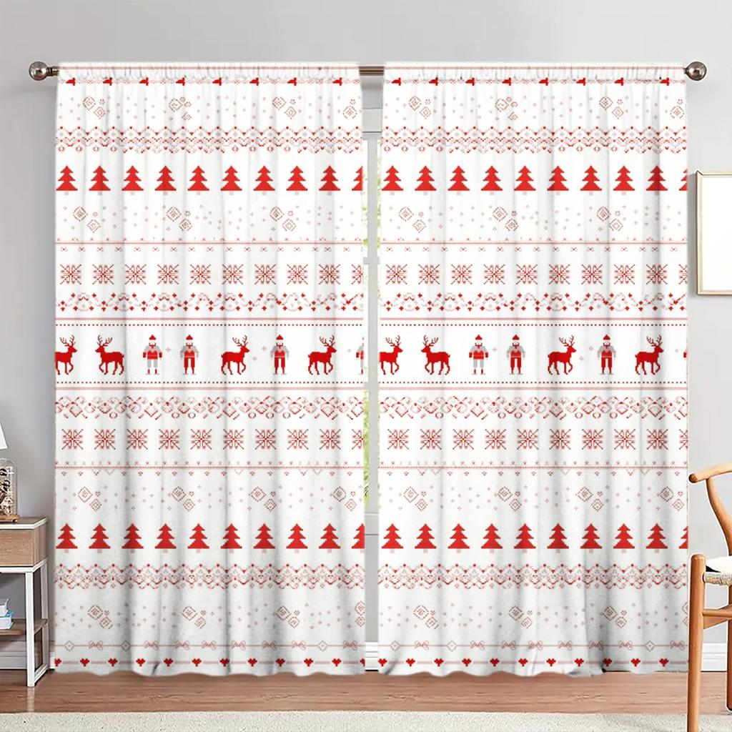 2pcs Christmas Deer Forest Pattern Printed Curtain for Home Decor - Rod Pocket Window Treatment for Bedroom Office Kitchen
