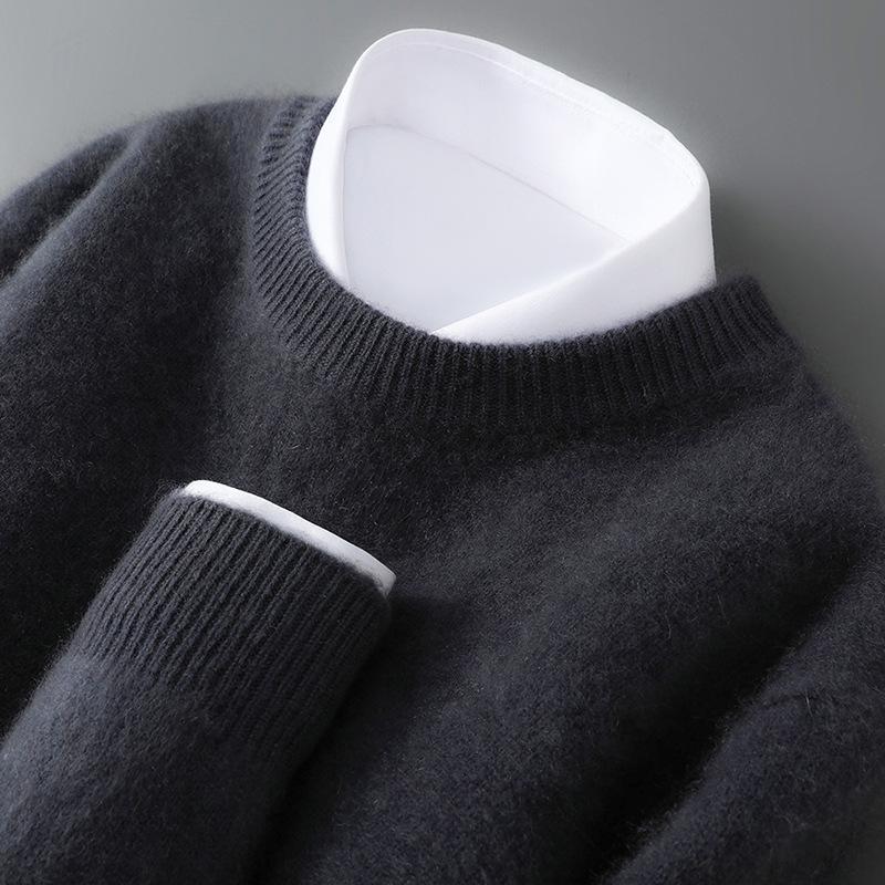 Men's Pure Wool Heavyweight Sweater, Round Neck, Loose Fit, Warm, Solid Color, Ideal Base Layer for Autumn/Winter.