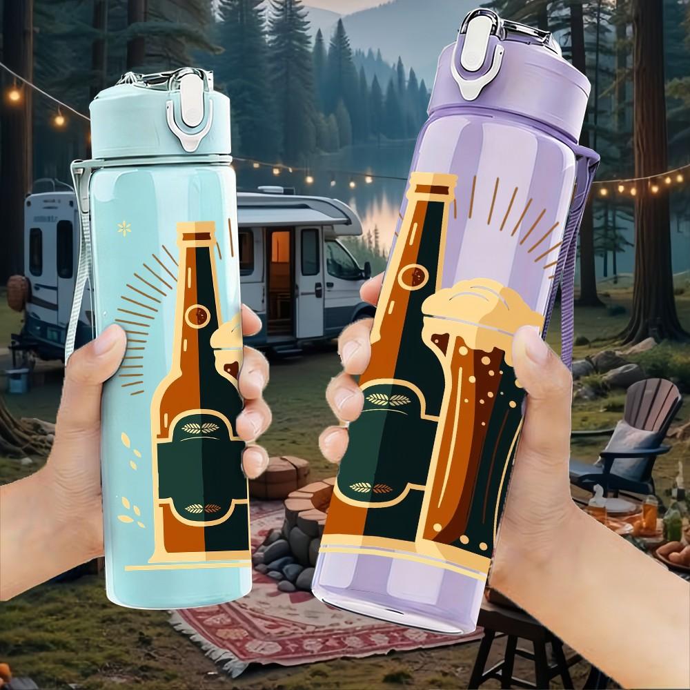 1PC Beer Bottle Glass Vintage Print 750ml Color Plastic Sports Water Bottle Leakproof Flip Straw Lid Suitable for Sports Office Home Use