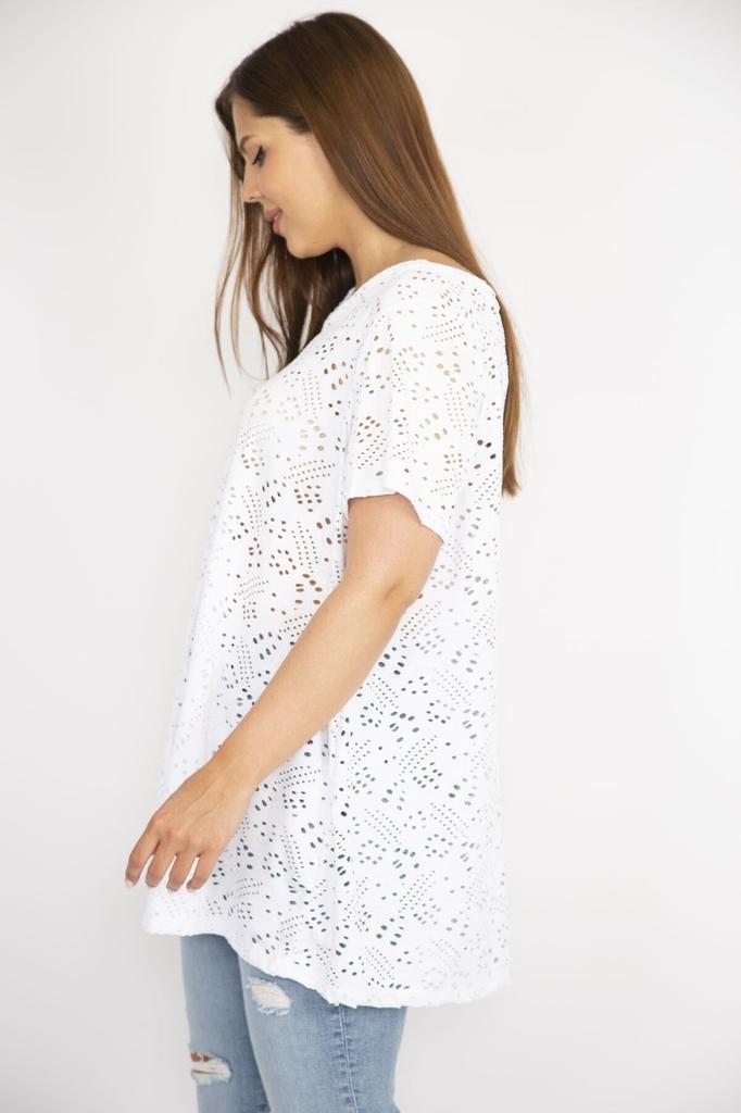 Женская блузка большого размера, белая блузка больших размеров из перфорированной ткани с v-образным вырезом и короткими рукавами