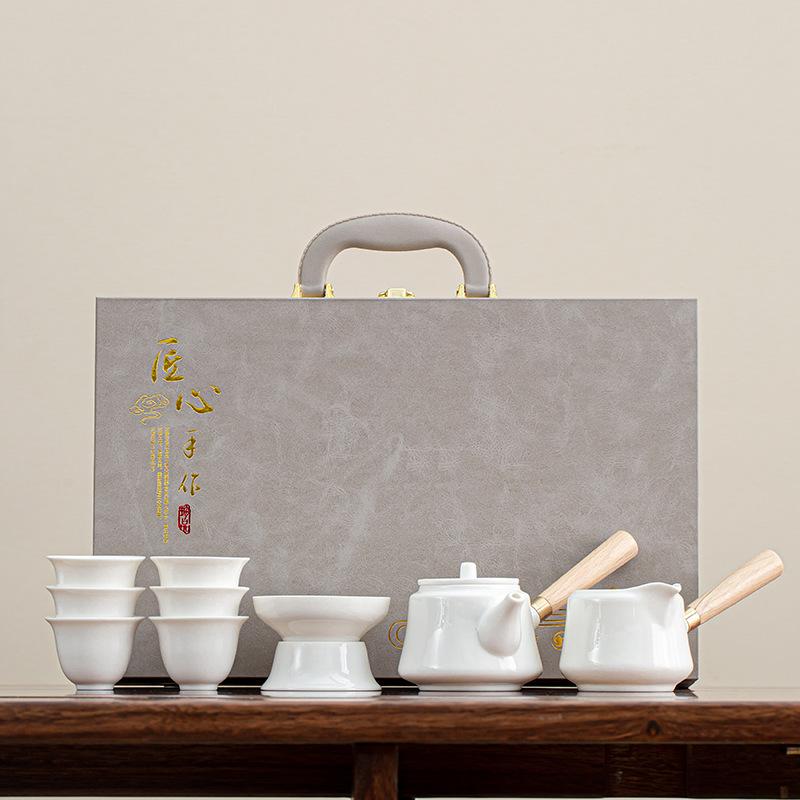 Suet jade tea set, kung fu set, white porcelain office household teapot cover bowl teacup