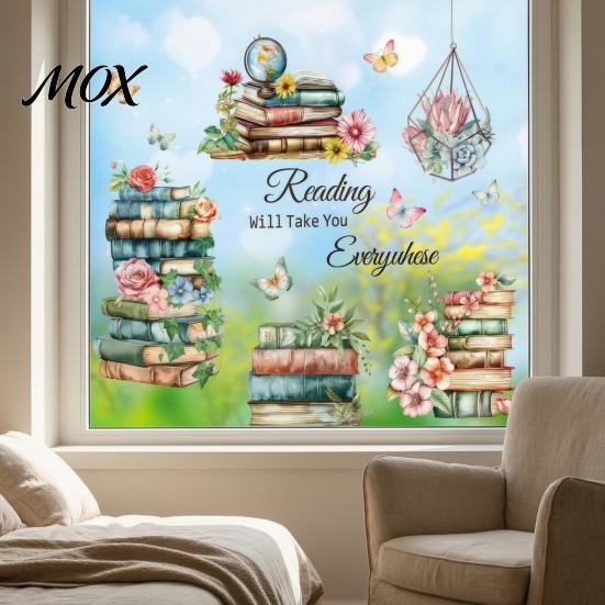Back to School Window Clings Book Cling, Static Decals with Butterfly Flower Literary Pattern Stickers for Classroom Glass, Removable No Glue