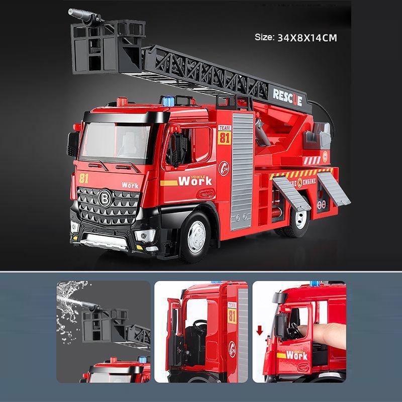 Игрушечная пожарная машина в масштабе 1/24 с металлической кабиной, световой и звуковой сиреной, рабочим водяным насосом и выдвижной вращающейся спасательной лестницей, игрушкой с фрикционным приводом