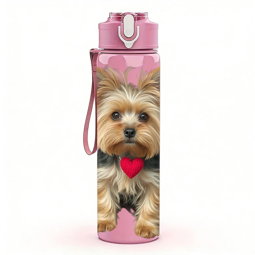 1PC Heart Shape Terrier Dog Print 750ml Color Plastic Sports Water Bottle Leakproof Flip Straw Lid Suitable for Sports Office Home Use