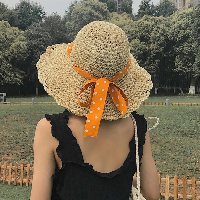 Соломенная шляпа с ремешком, женская летняя пляжная шляпа в горошек со шнуровкой, маленькая, свежая, для отдыха на море, солнцезащитная шляпа с козырьком