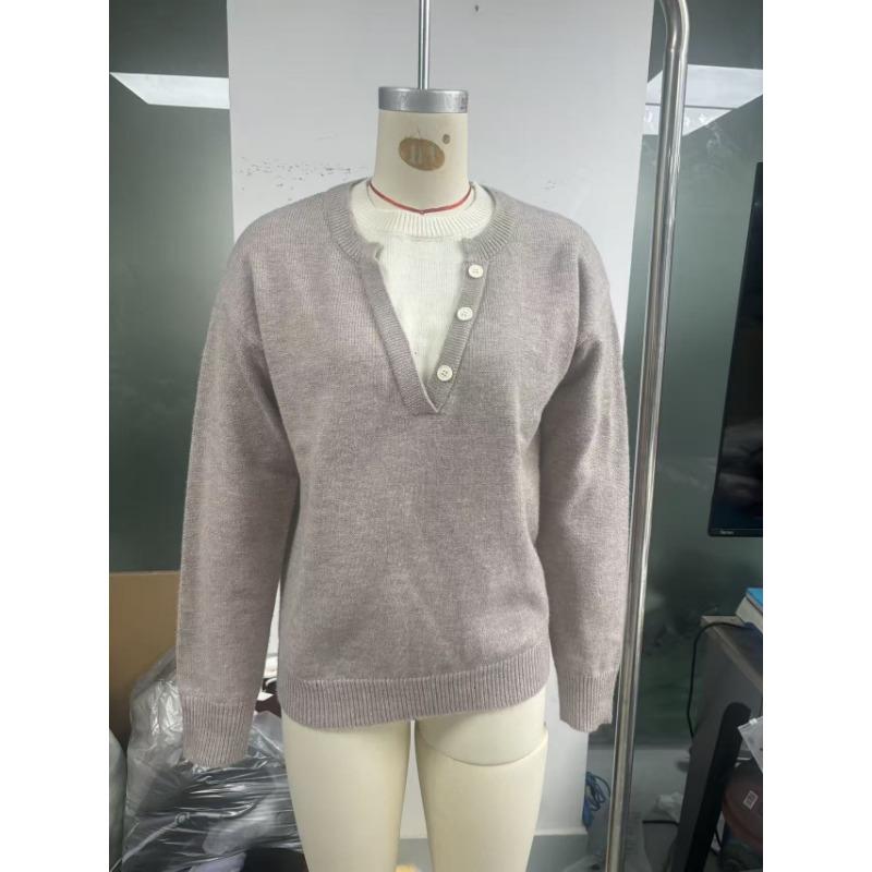 Loose Lazy V Neck Knit Sweater Fake Two Piece Casual Top