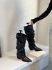 Belt buckle pleated large tube circumference stacking boots women's winter new thick heel pointed wide tube high boots