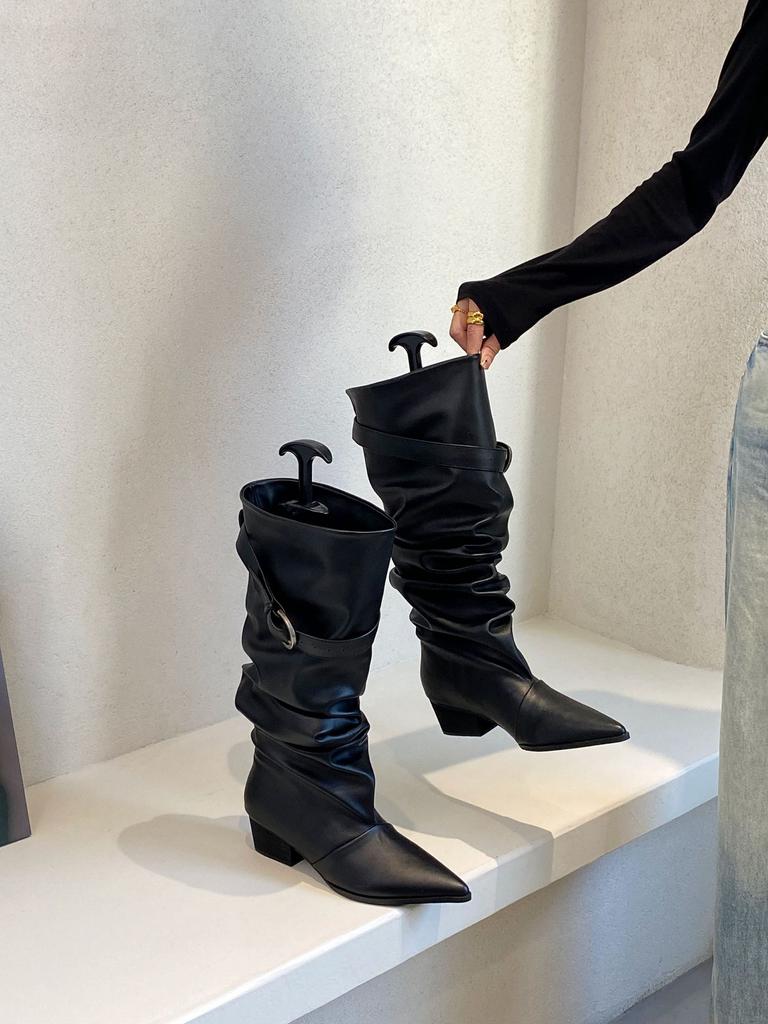Belt buckle pleated large tube circumference stacking boots women's winter new thick heel pointed wide tube high boots