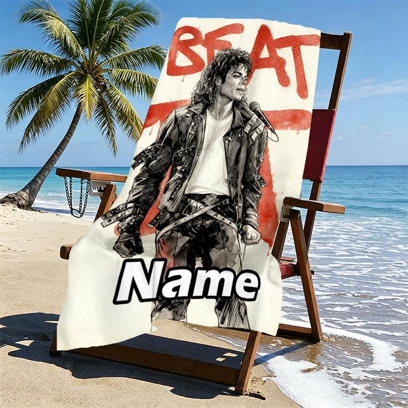 Custom Name Personalized Michael Jackson Print Beach Towel, for Trip Camping Beach Party Home Decor, Birthday Gift for Family & Friends