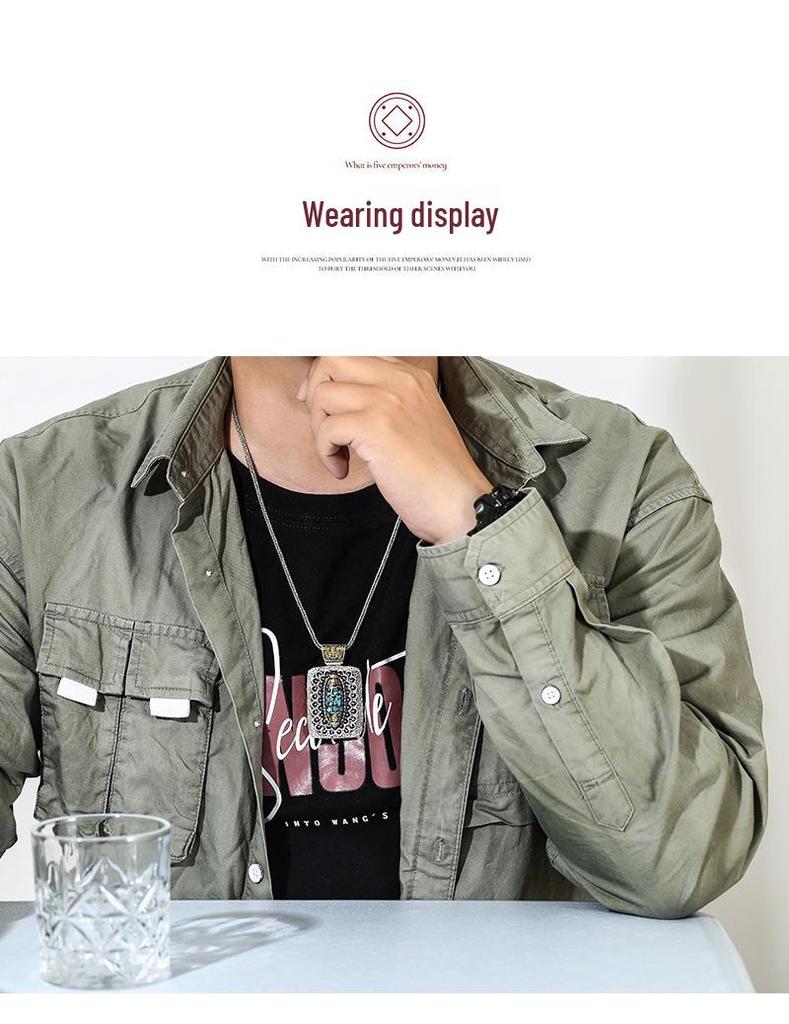 National Tibetan-Style Turquoise Nine-Eye Dzi Necklace with Dripping Glue Taotie Pendant for Men