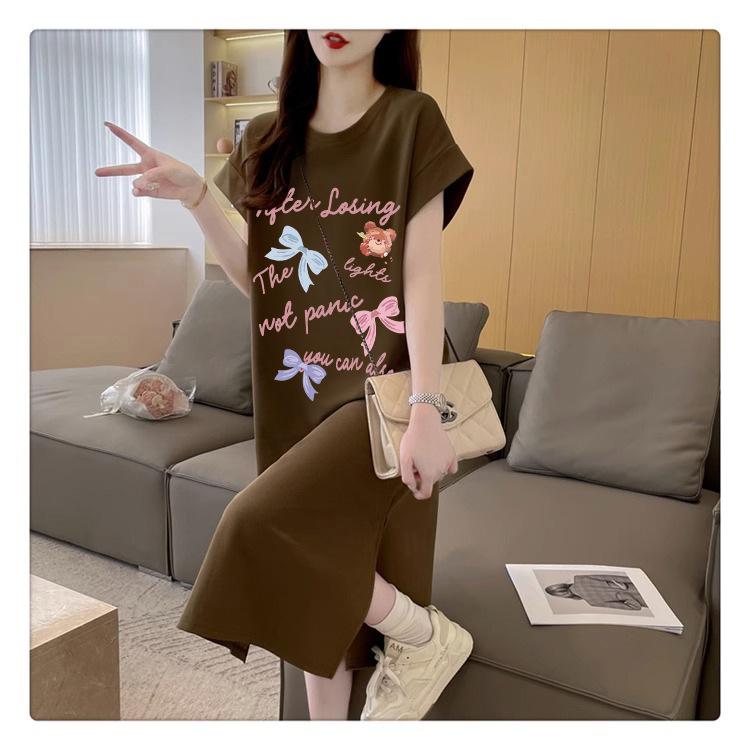 Женское модное свободное корейское платье-футболка, летнее платье Fat Mm с коротким рукавом выше колена, длинное повседневное платье с разрезом