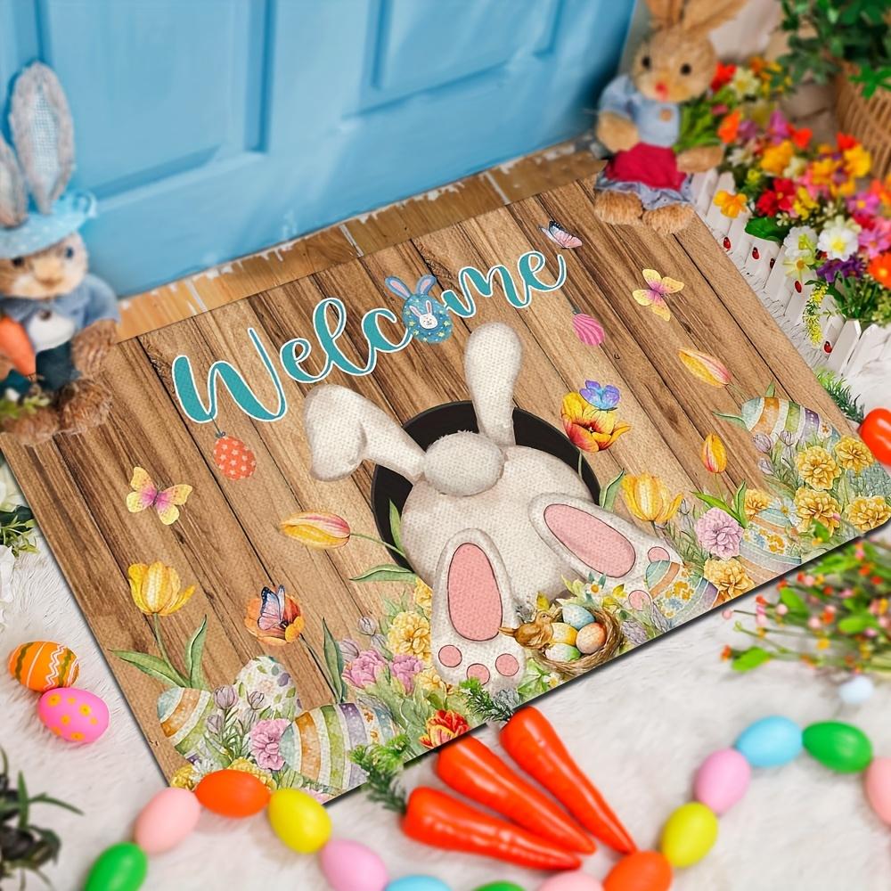 VIKAMA Easter Doormat with Colourful Eggs and Rabbit Tail Non-Slip Floor Mat for Indoor/Outdoor Entrances Festive Home Decor