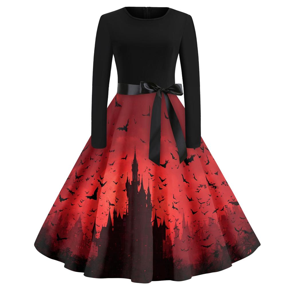 Women's Casual Fashion Round Neck Halloween Printed Vintage Dress