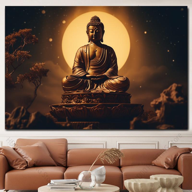 Buddha Statue Canvas Painting Buddah Statue and Candles Posters and Prints for Living Room Religious Wall Decor Unframe