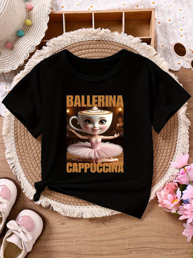 Детская повседневная футболка с коротким рукавом BALLERINA CAPPUCCINA с золотыми буквами, топ с принтом мультяшной балерины и капучино