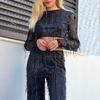 2Pcs/Set Women Party Outfit Set Cropped Tops O-neck Long Sleeve Tassel Sequin High Waist Wide Leg Long Pants Set