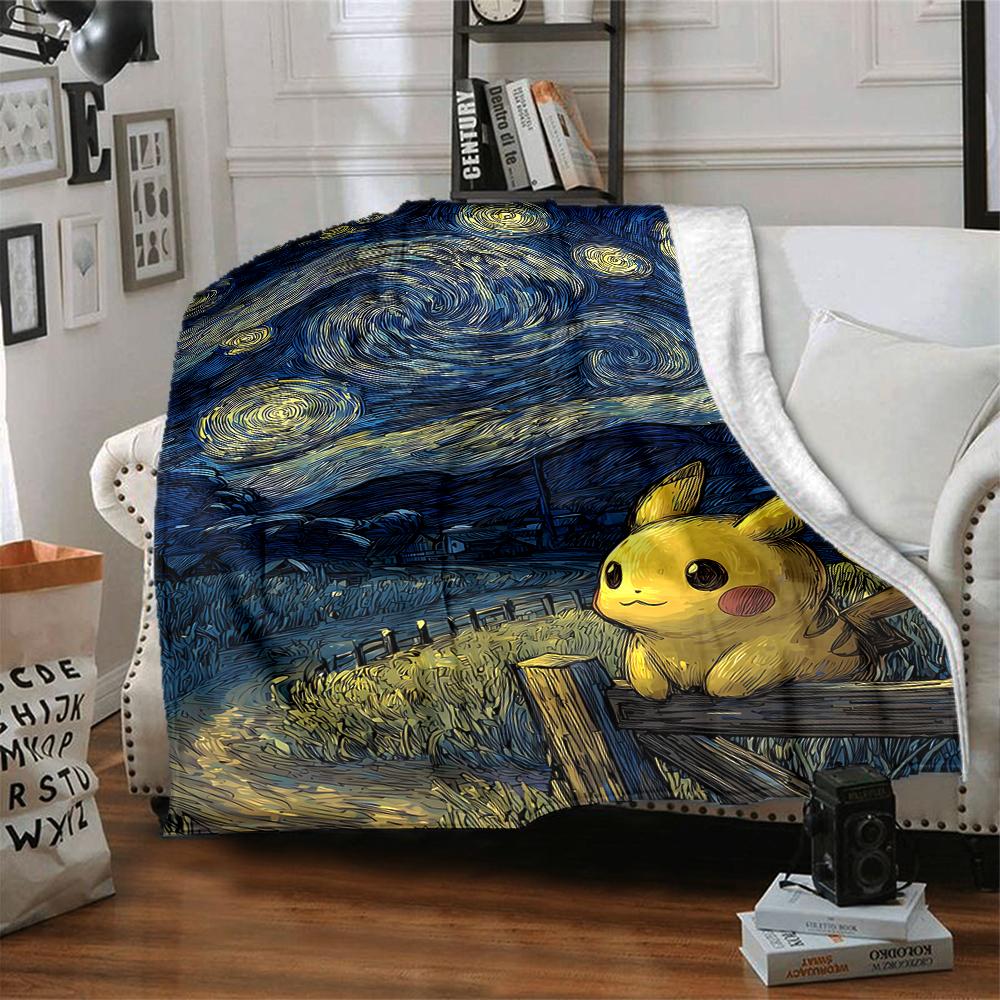 1Pc Pikachu Starry Sky Flannel Blanket, Soft And Comfortable, Casual Warm, Camping Travel, Christmas, Halloween Xmas Gift N1124