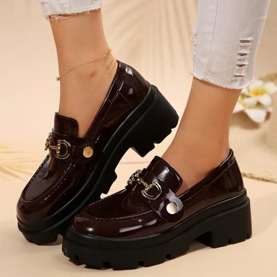 Модная обувь для женщин высокого качества, женские туфли-лодочки на один шаг, осенние, в британском стиле, с круглым носком, металлической отделкой, на массивном каблуке