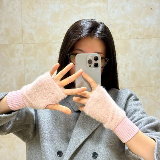 Женские перчатки без пальцев из искусственного меха с отверстием для большого пальца, полупалые перчатки, эластичные, теплые, зимние, для печати, письма, варежки