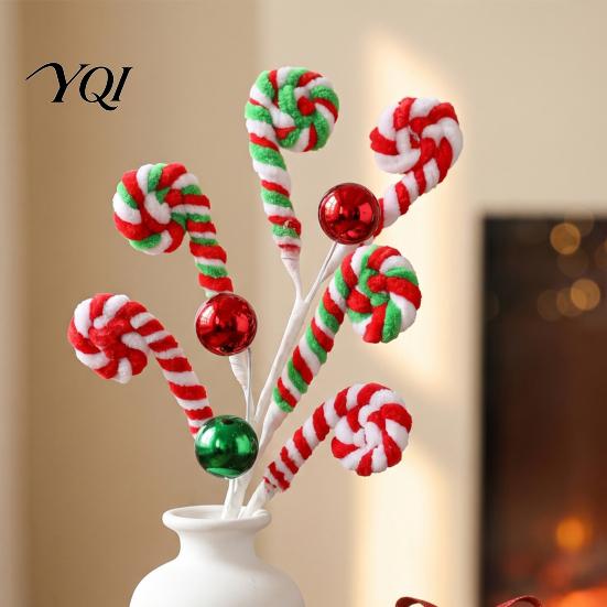 Xmas Vase Filler Christmas Candy Cane Pick, Red White Green Plush Stem, Decor Branch for Filler, Wreath, Tree Decoration Seasonal Decorations