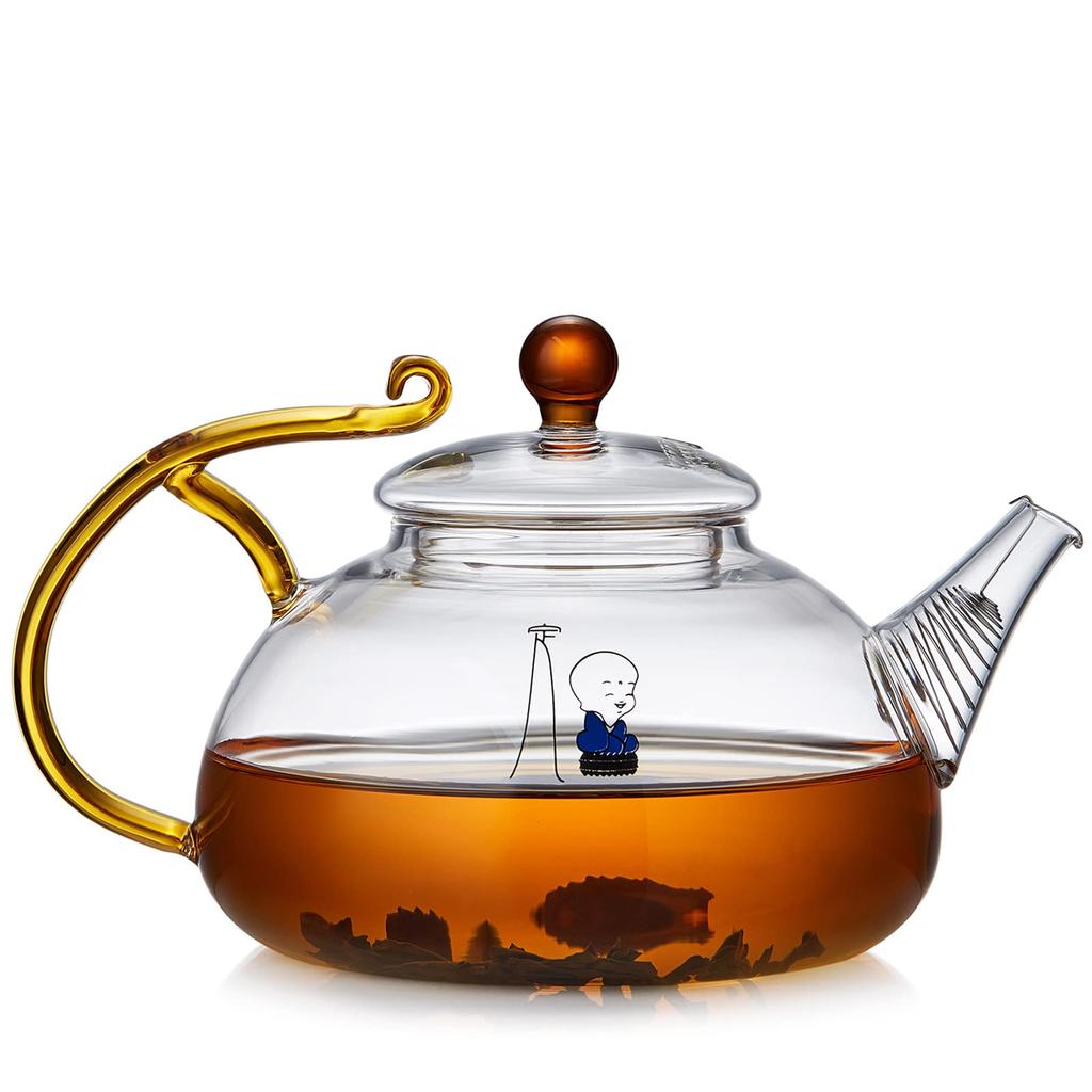 Pokaro Tea Glass Teapot, Heat-Resistant, Clear, Shatter-Resistant, Zen, Monk-Style, Round Teapot for Black Tea, Green Tea, Fruit Tea, and Loose Leaf