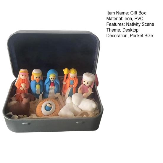 Mini Nativity Scene Figurine In Tin Box Portable Pocket Birth of Jesus Ornament Christmas Holy Family Jesus Sheep Statue Home Desk Shelf Decoration