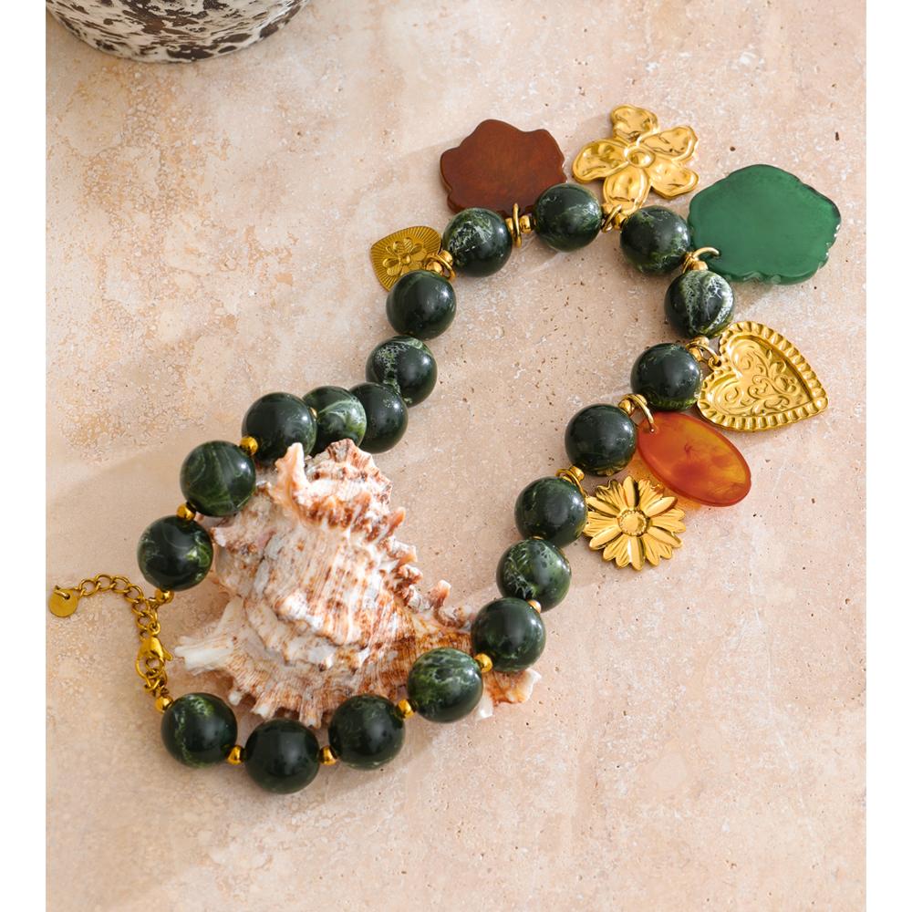 Eetit Цепочка из нержавеющей стали с зелеными акриловыми бусинами, Ювелирные изделия ручной работы, Подвеска-шарм в виде листа, цветка, сердца, Капля, Новинки 2025, Популярные