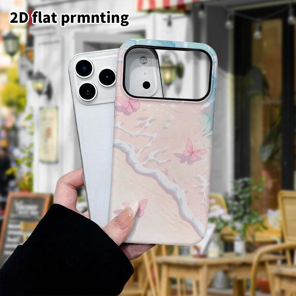 Phone Case: 2D flat design suitable for iPhone 18, 17, 16, 15, 14, 13 Pro film protective case, couple style, seaside pink butterfly beach, Christmas 